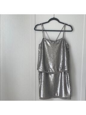 Banana Republic Size 2 Silver Sequin Layered Mini Dress Spaghetti Straps